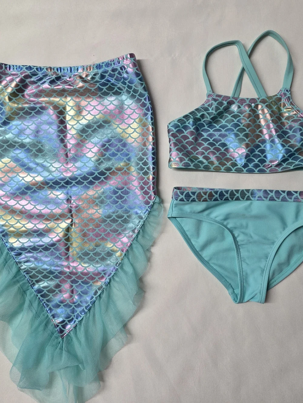 Girl's M (7/8) Wonder Nation Aqua 3pc Rainbow Metallic Foil Mermaid Swimsuit Set